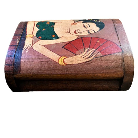 2/$40 Vintage Tiki 60s 70s wooden lady with fan trinket jewelry box - Picture 8 of 11